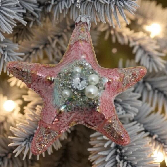 Starfish Christmas Ornament Blue Glass Nautical Ocean Seaside Jeweled - Picture 4 of 5